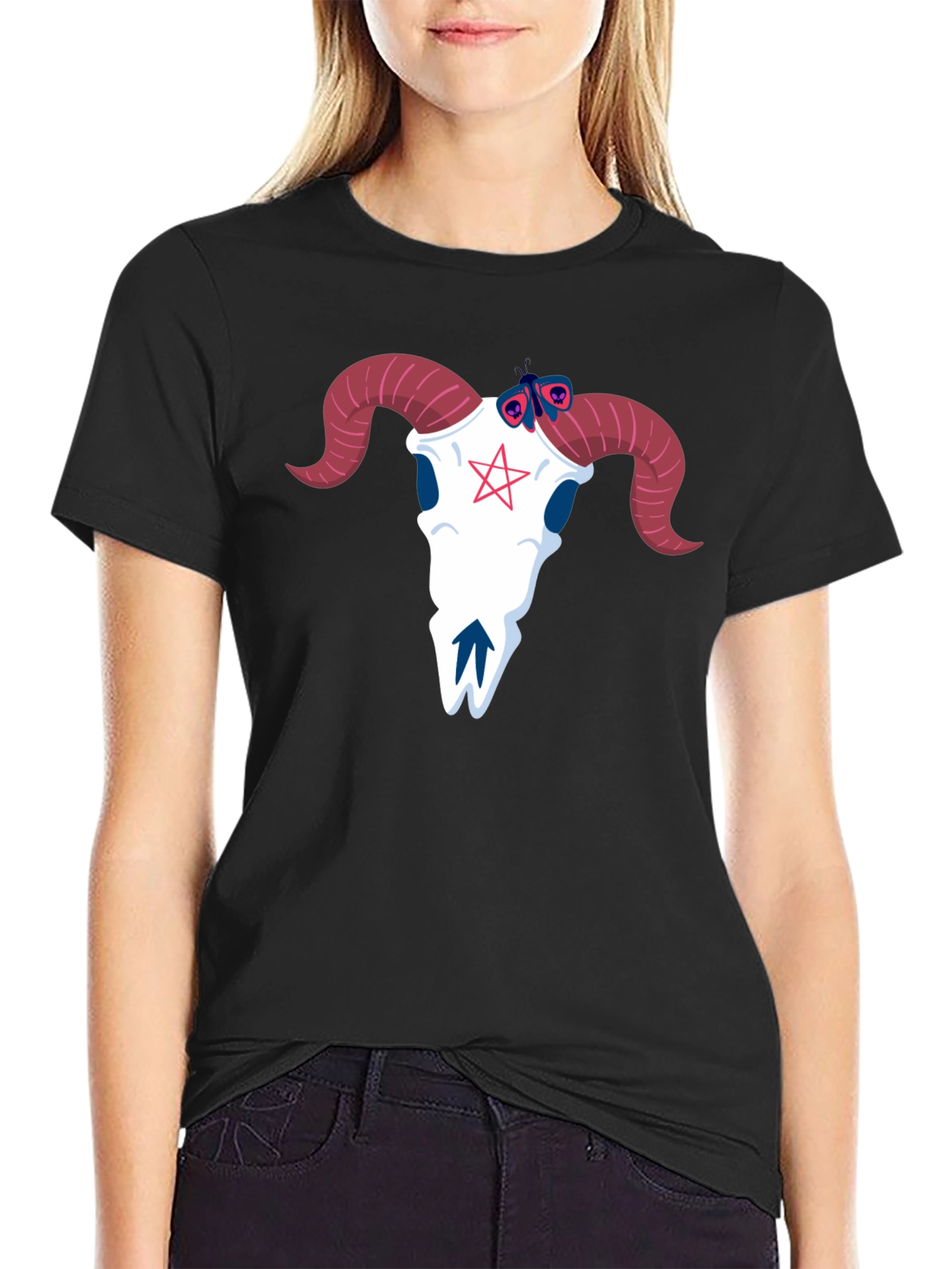 Graphic Tee: Ram Skull & Butterfly