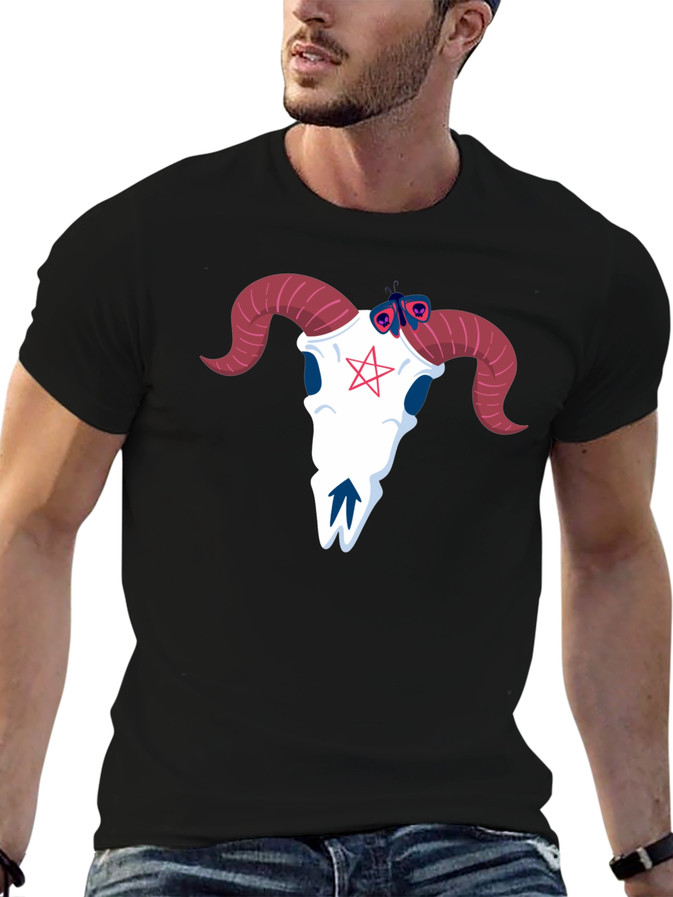 Graphic Tee: Ram Skull & Butterfly