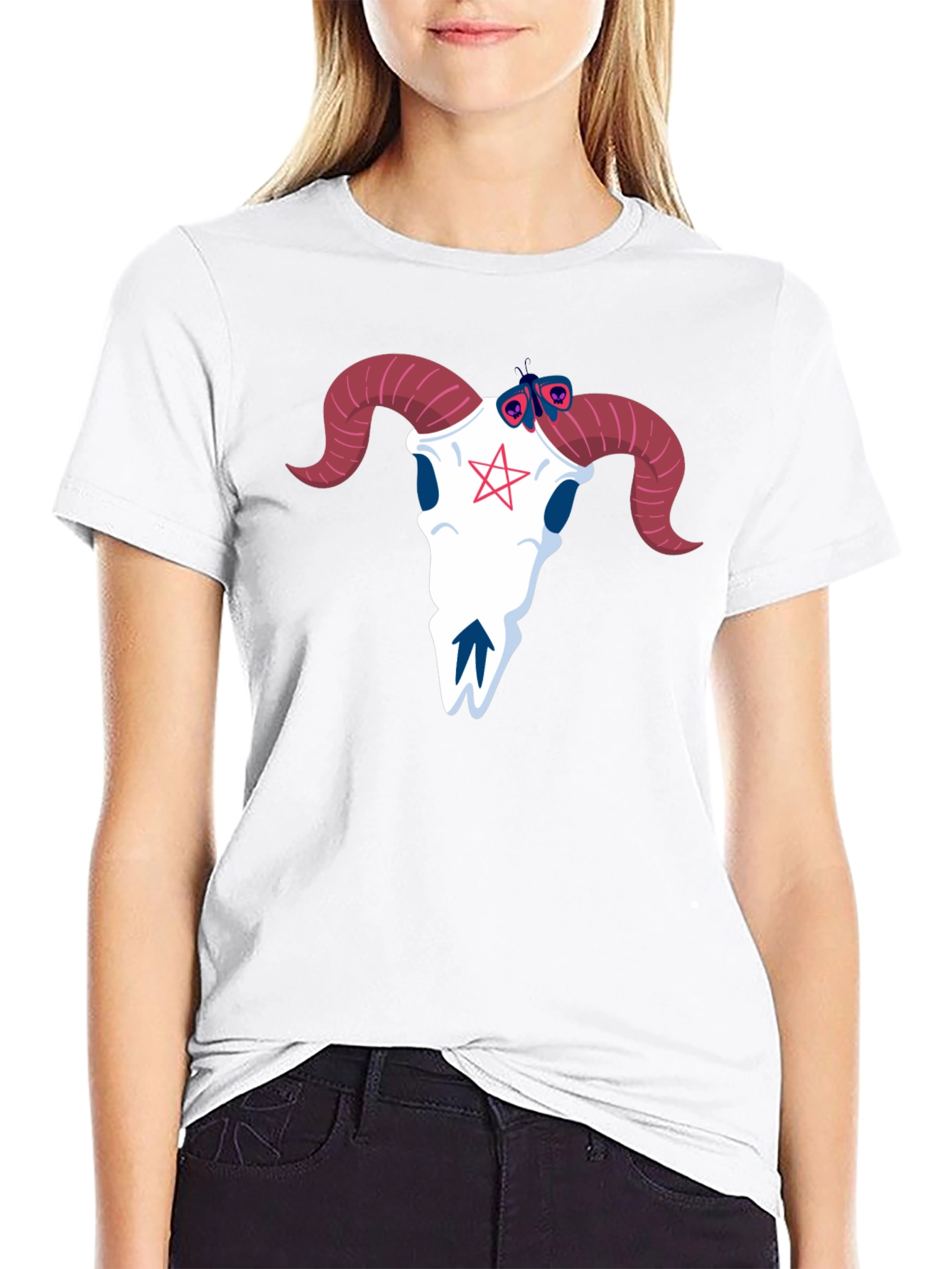 Graphic Tee: Ram Skull & Butterfly