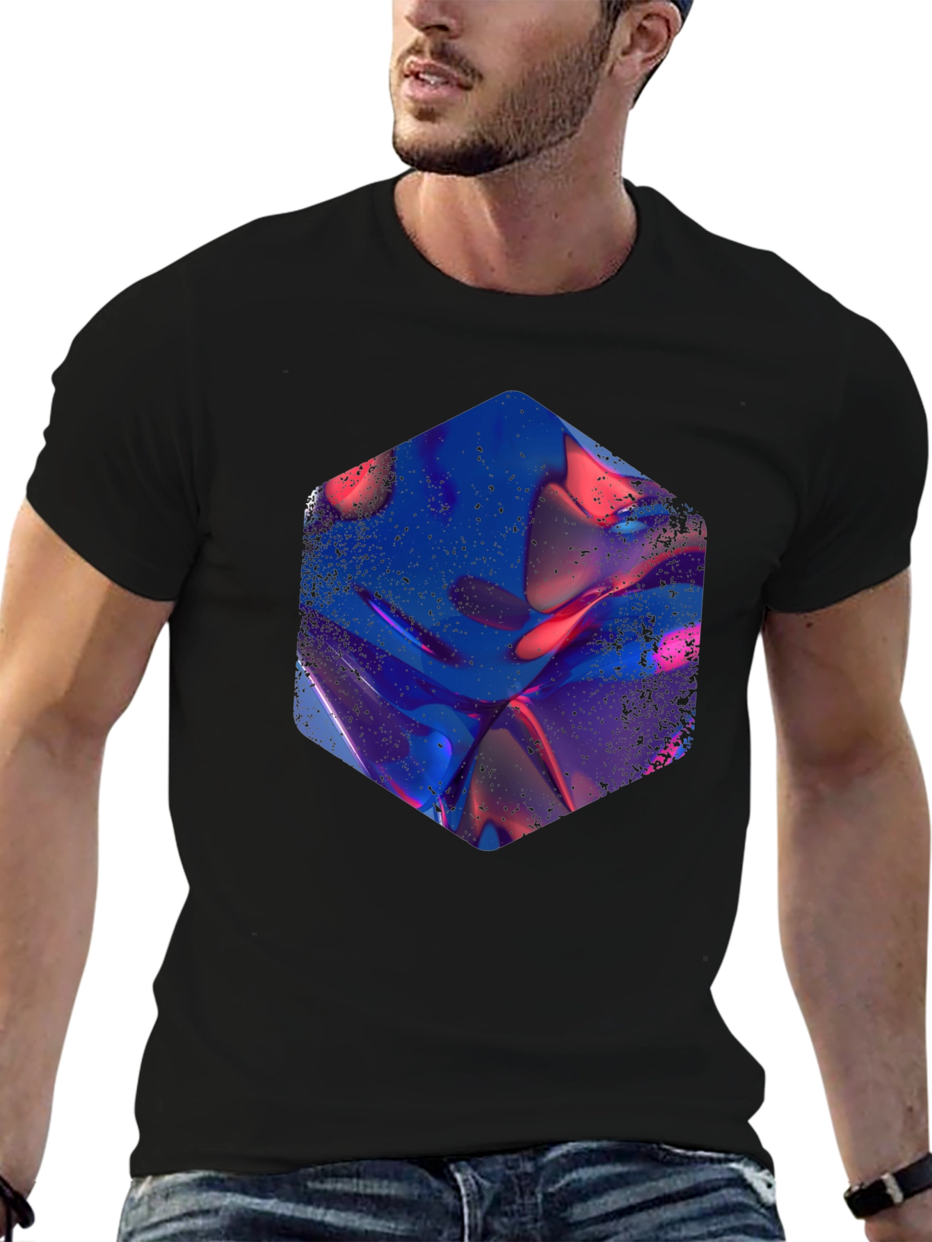 Abstract Hexagon Graphic Print Black T-Shirt