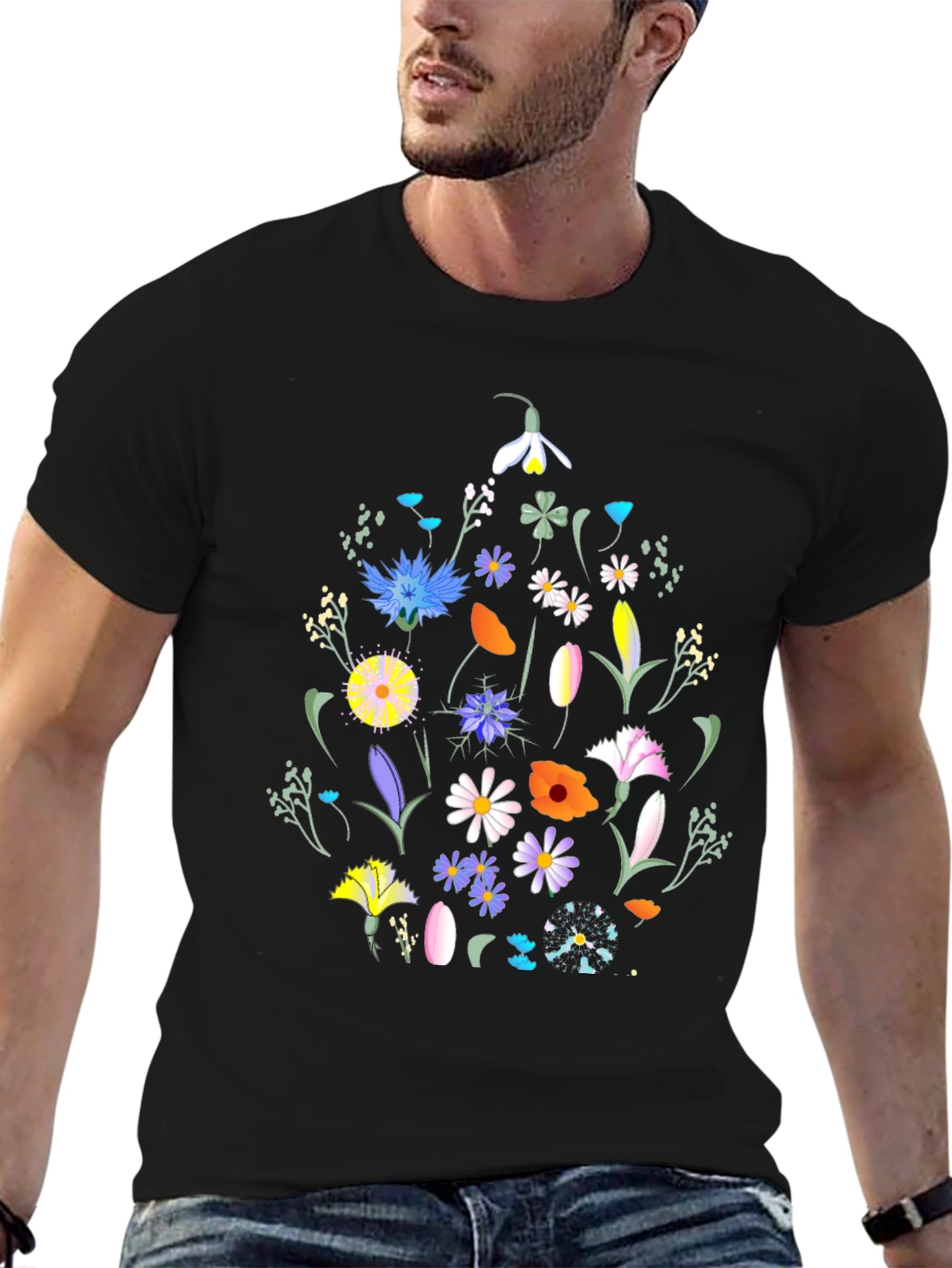 Floral Print Black T-Shirt - Nature Inspired Design