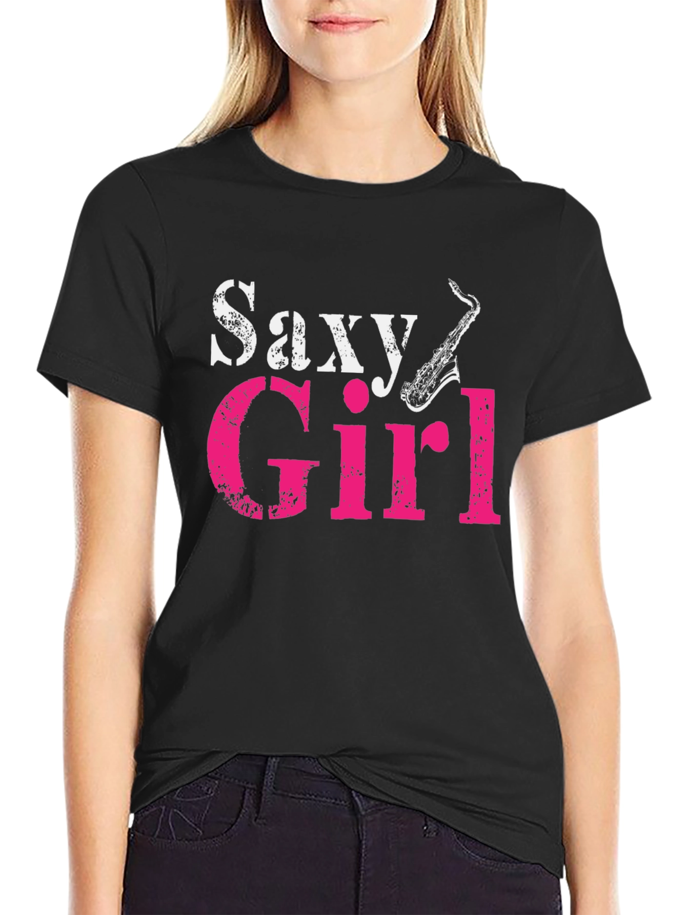 Saxy Girl Black T-Shirt - Music Lover Tee