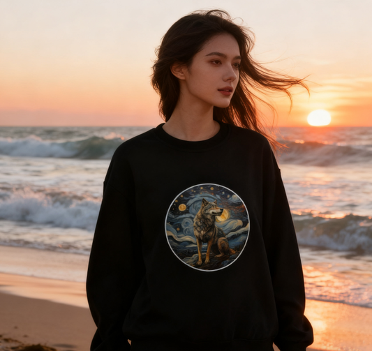 Starry Night Wolf Art Sweatshirt – Van Gogh-Inspired Wildlife Crewneck