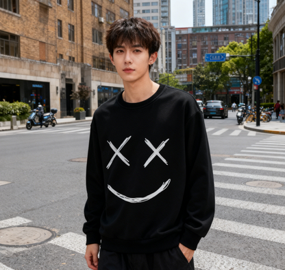 Minimalist Edgy X-Eye Smiley Graphic Sweatshirt