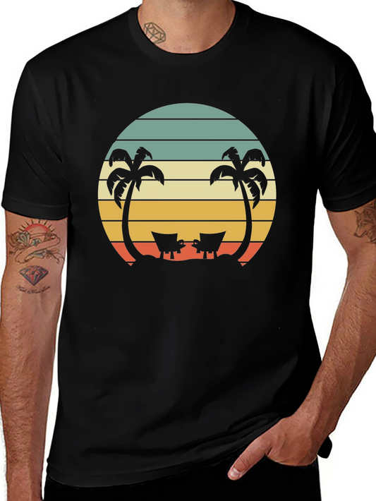 Retro Beach Sunset T-Shirt - Palm Trees & Deck Chairs