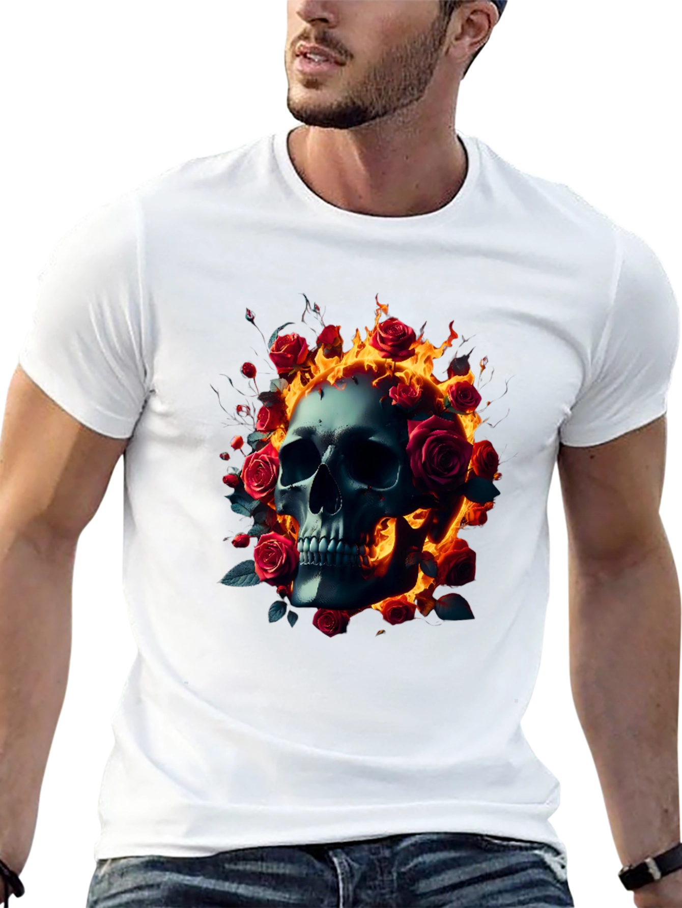 Skull Roses Flames T-Shirt - Dark Gothic Tee