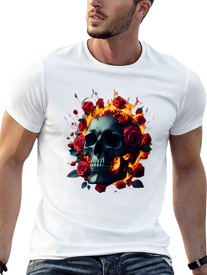 Skull Roses Flames T-Shirt - Dark Gothic Tee