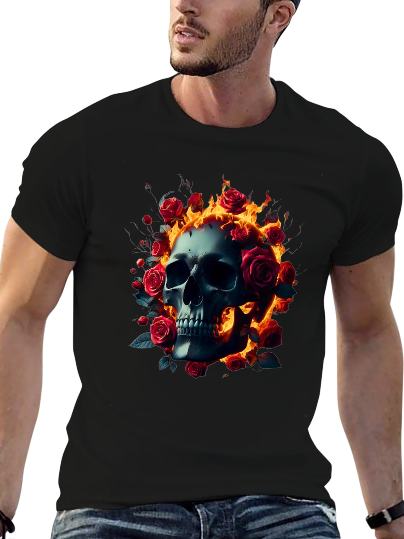 Skull Roses Flames T-Shirt - Dark Gothic Tee
