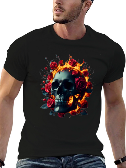 Skull Roses Flames T-Shirt - Dark Gothic Tee