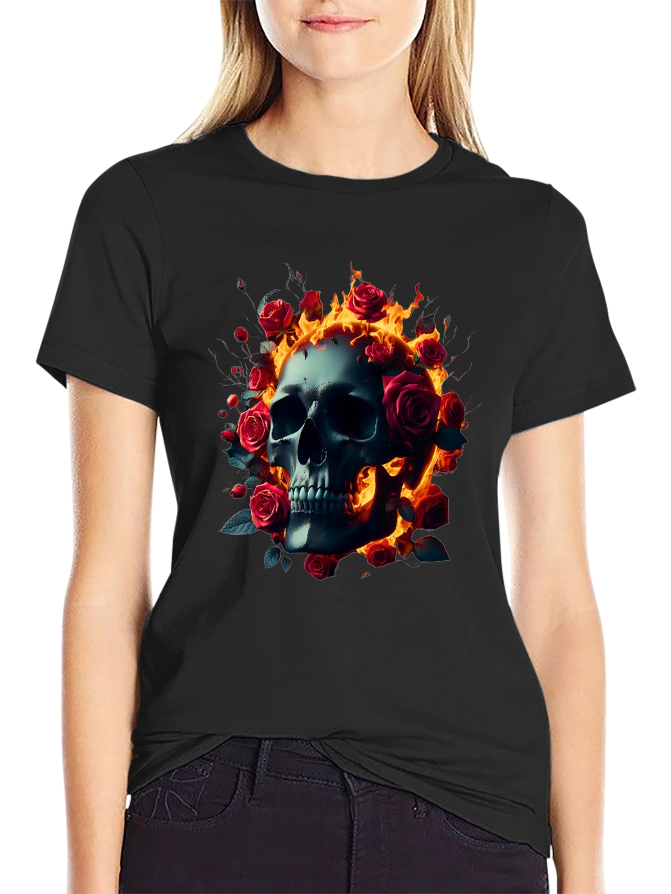 Skull Roses Flames T-Shirt - Dark Gothic Tee