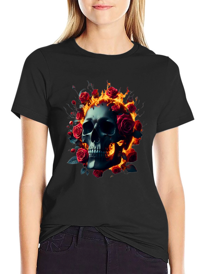 Skull Roses Flames T-Shirt - Dark Gothic Tee