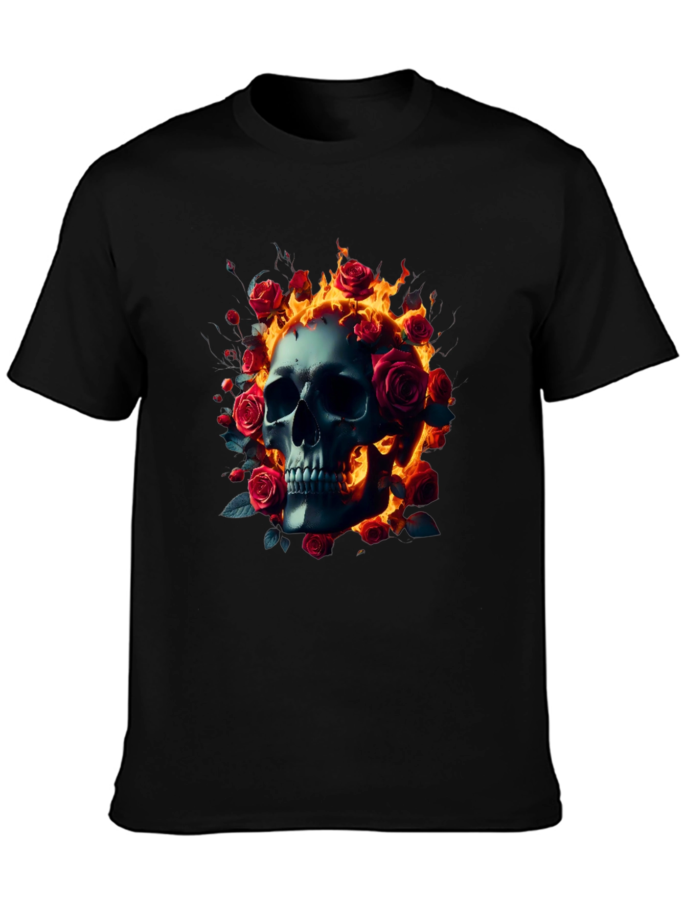 Skull Roses Flames T-Shirt - Dark Gothic Tee