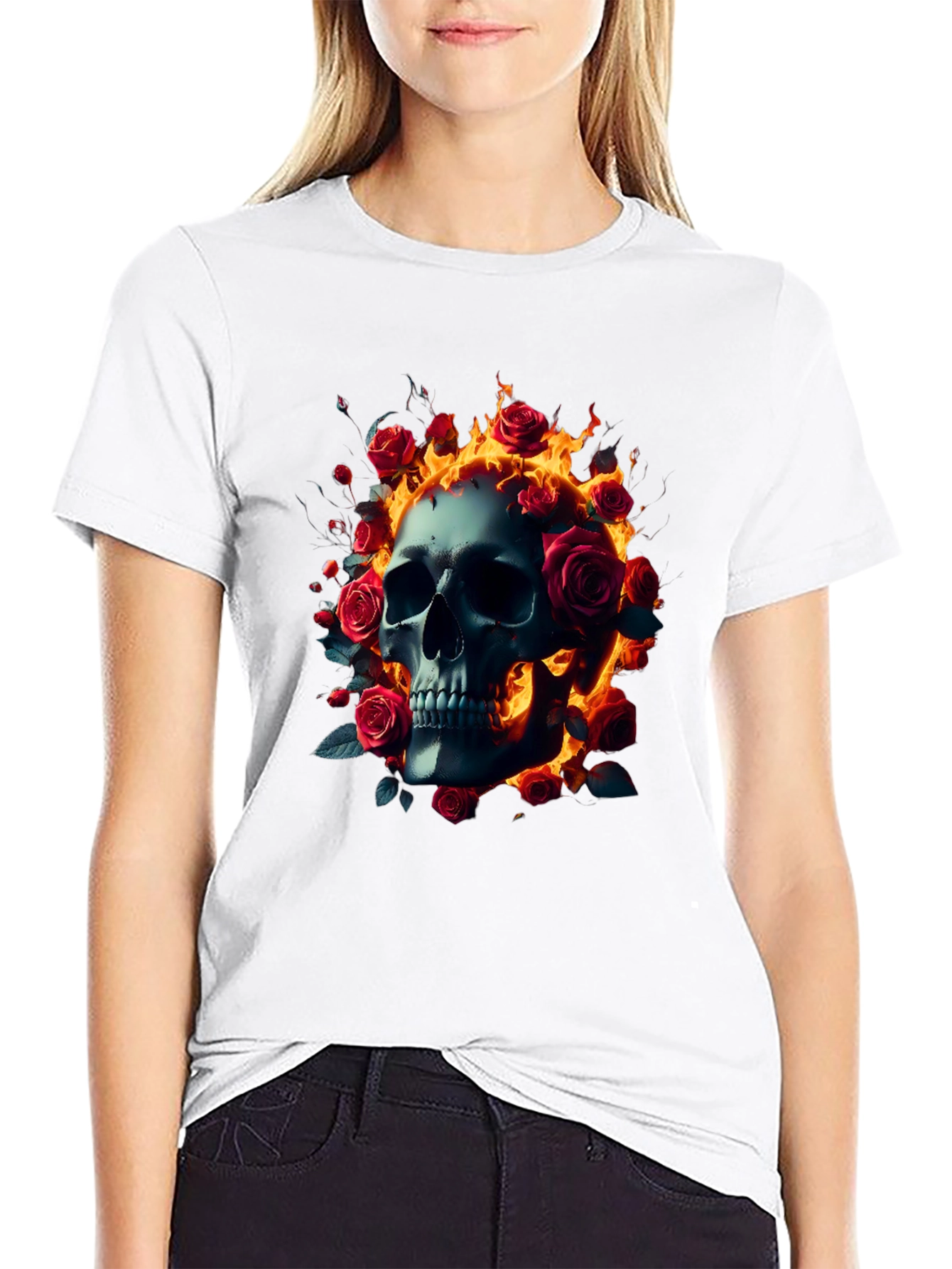 Skull Roses Flames T-Shirt - Dark Gothic Tee