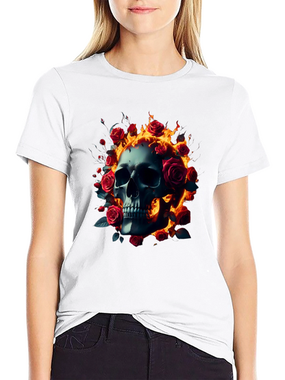 Skull Roses Flames T-Shirt - Dark Gothic Tee