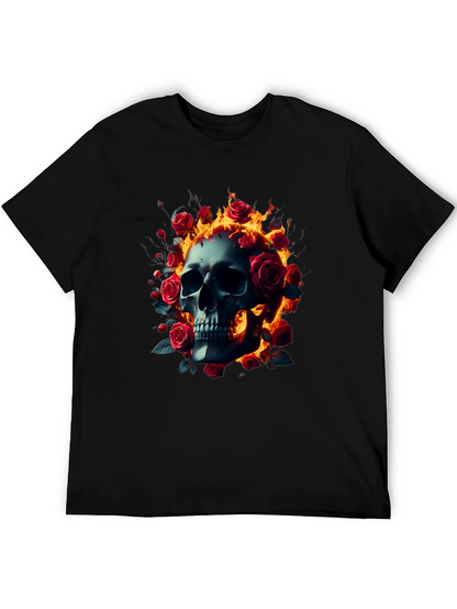Skull Roses Flames T-Shirt - Dark Gothic Tee