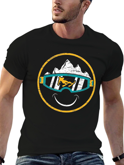 Skiing Smiley Face T-Shirt - Black Graphic Tee
