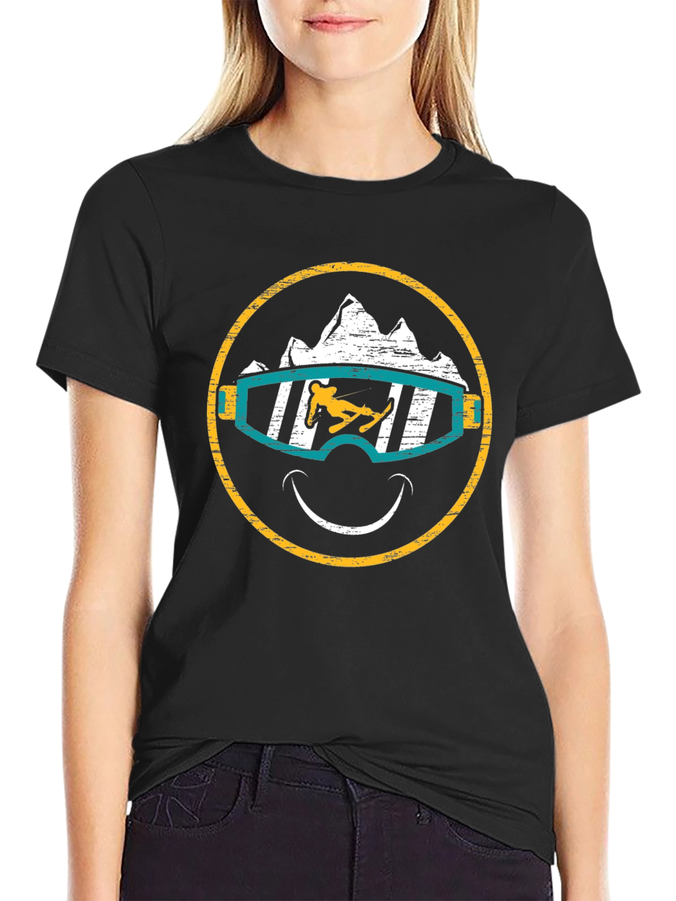 Skiing Smiley Face T-Shirt - Black Graphic Tee
