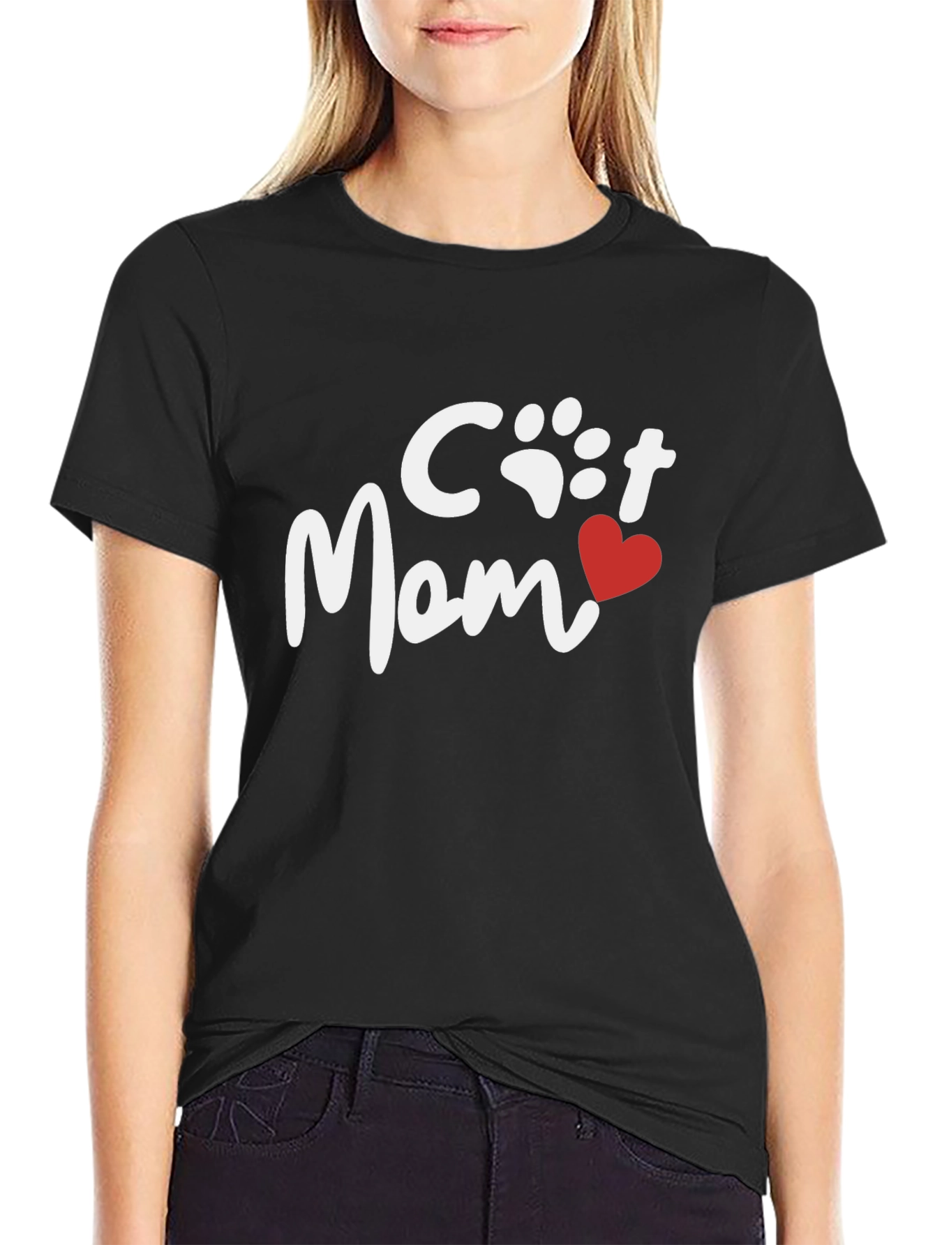 Cat Mom Tee - Heart Paw Print Graphic Shirt