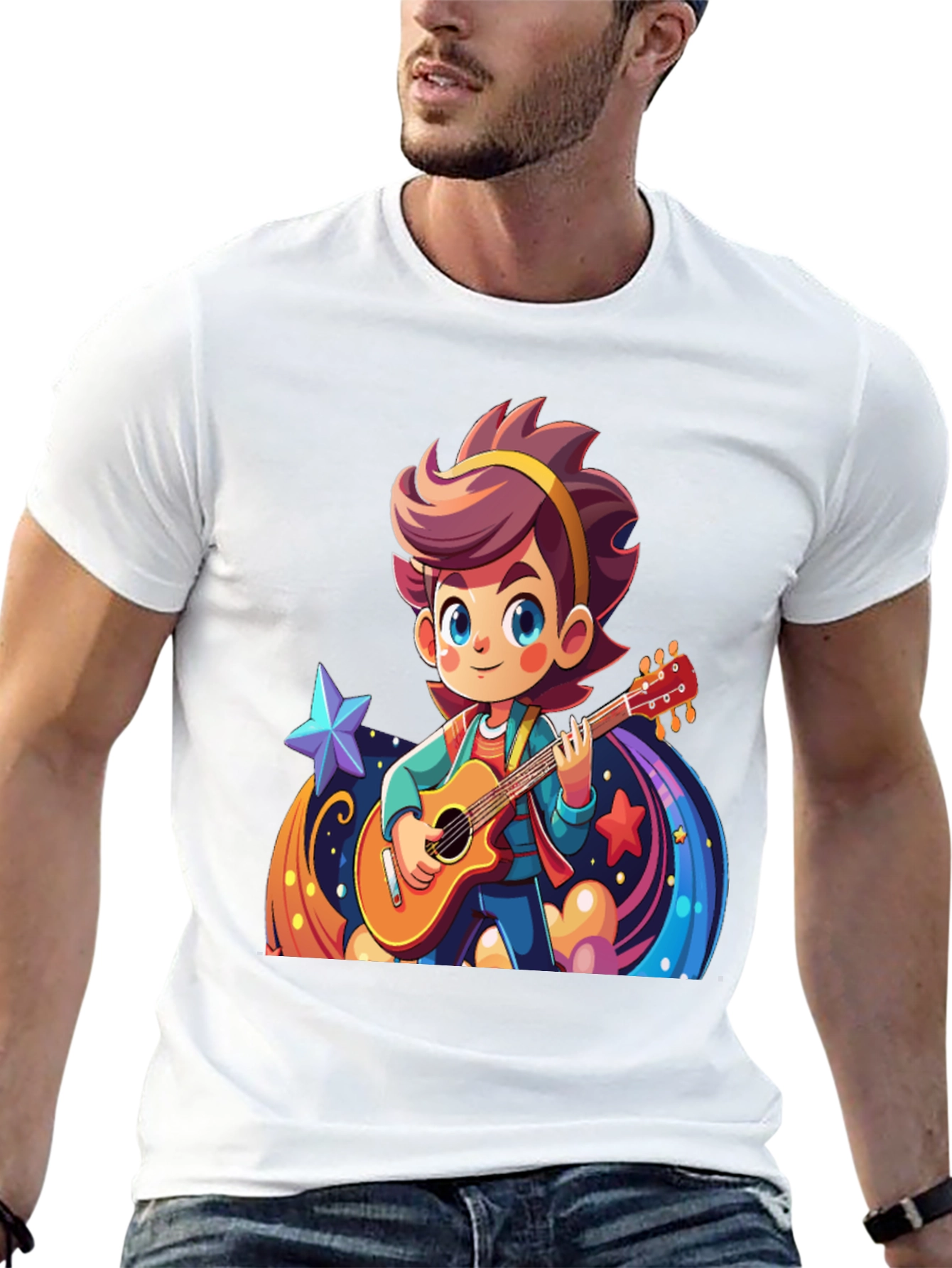 Cartoon Guitarist Graphic Black T-Shirt