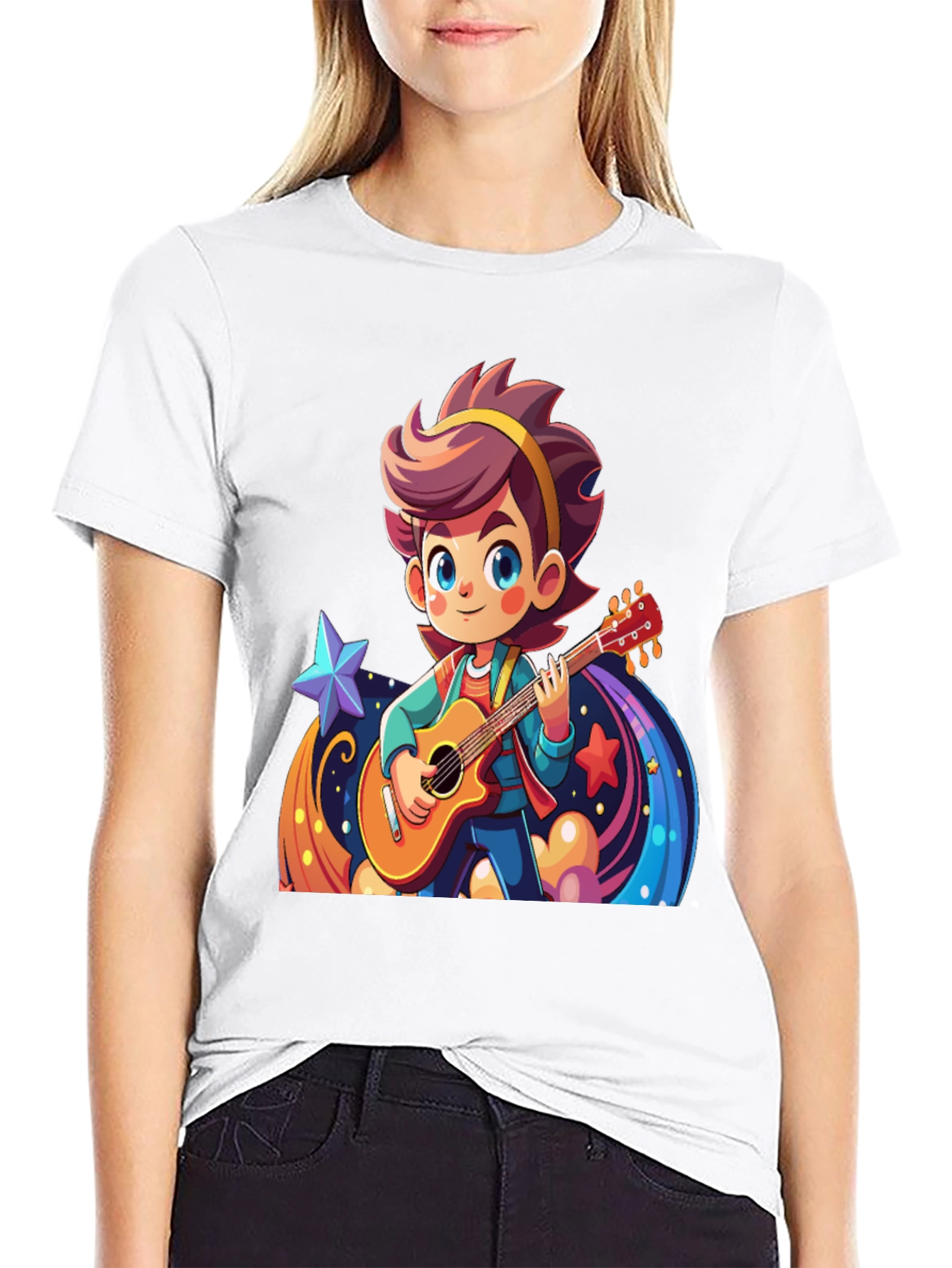 Cartoon Guitarist Graphic Black T-Shirt