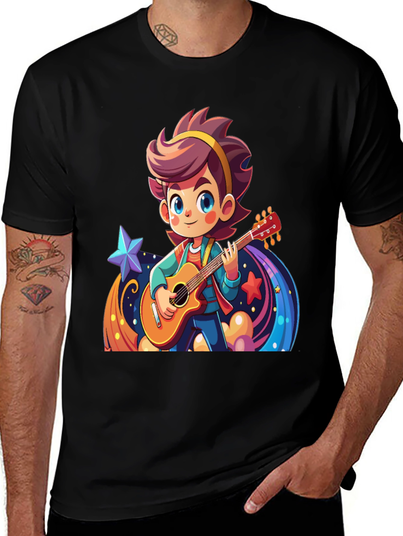 Cartoon Guitarist Graphic Black T-Shirt