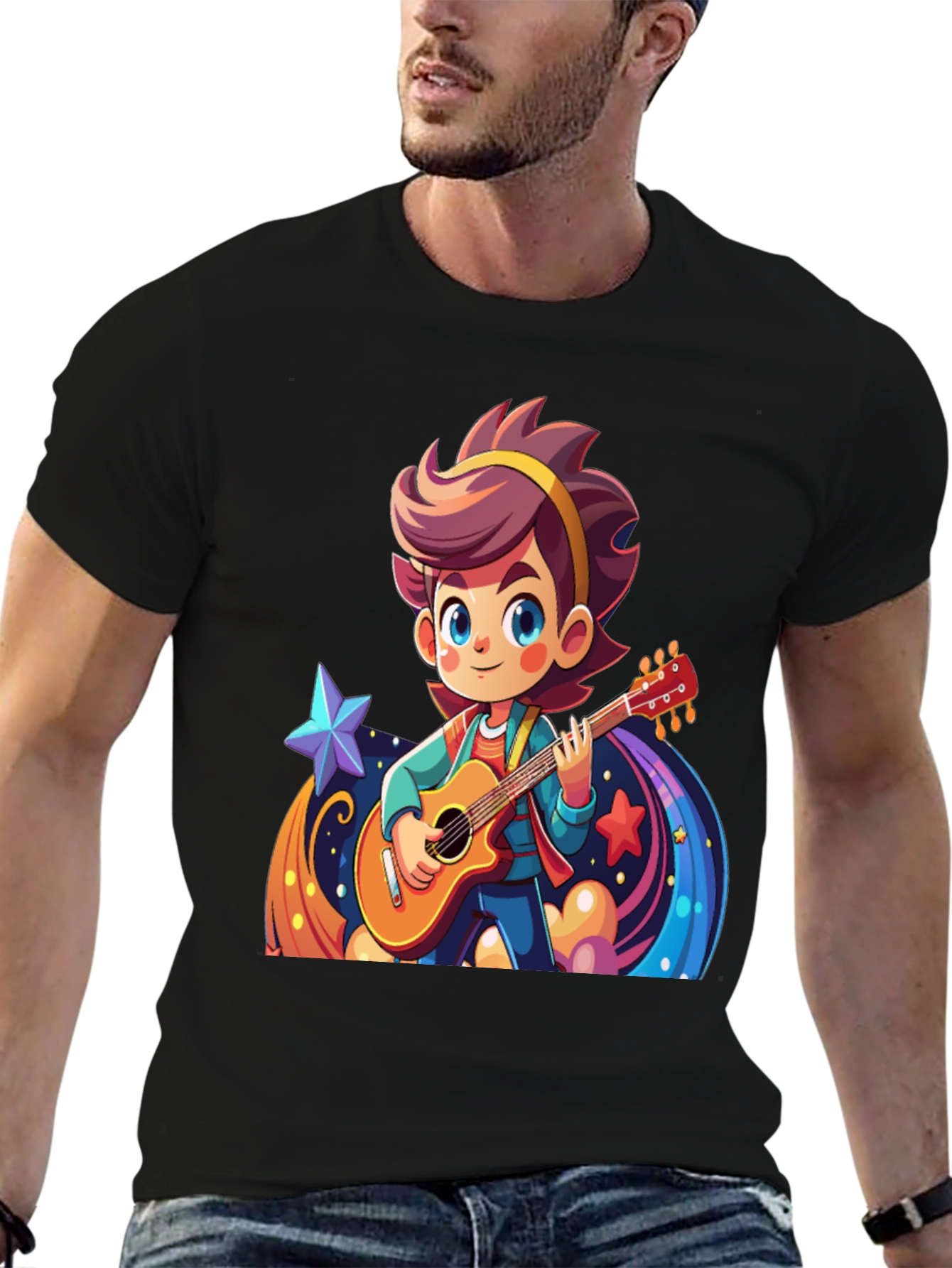 Cartoon Guitarist Graphic Black T-Shirt