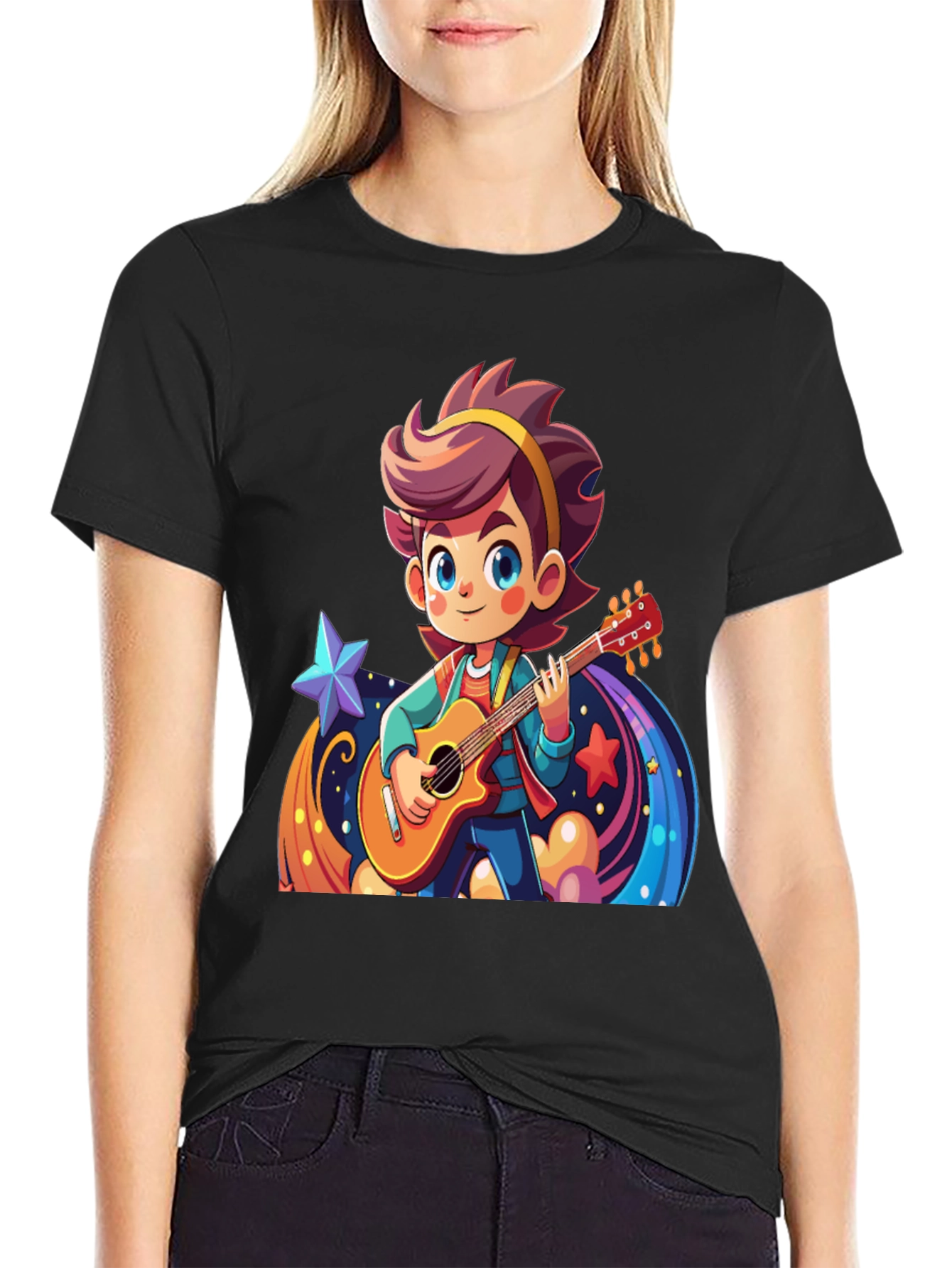 Cartoon Guitarist Graphic Black T-Shirt