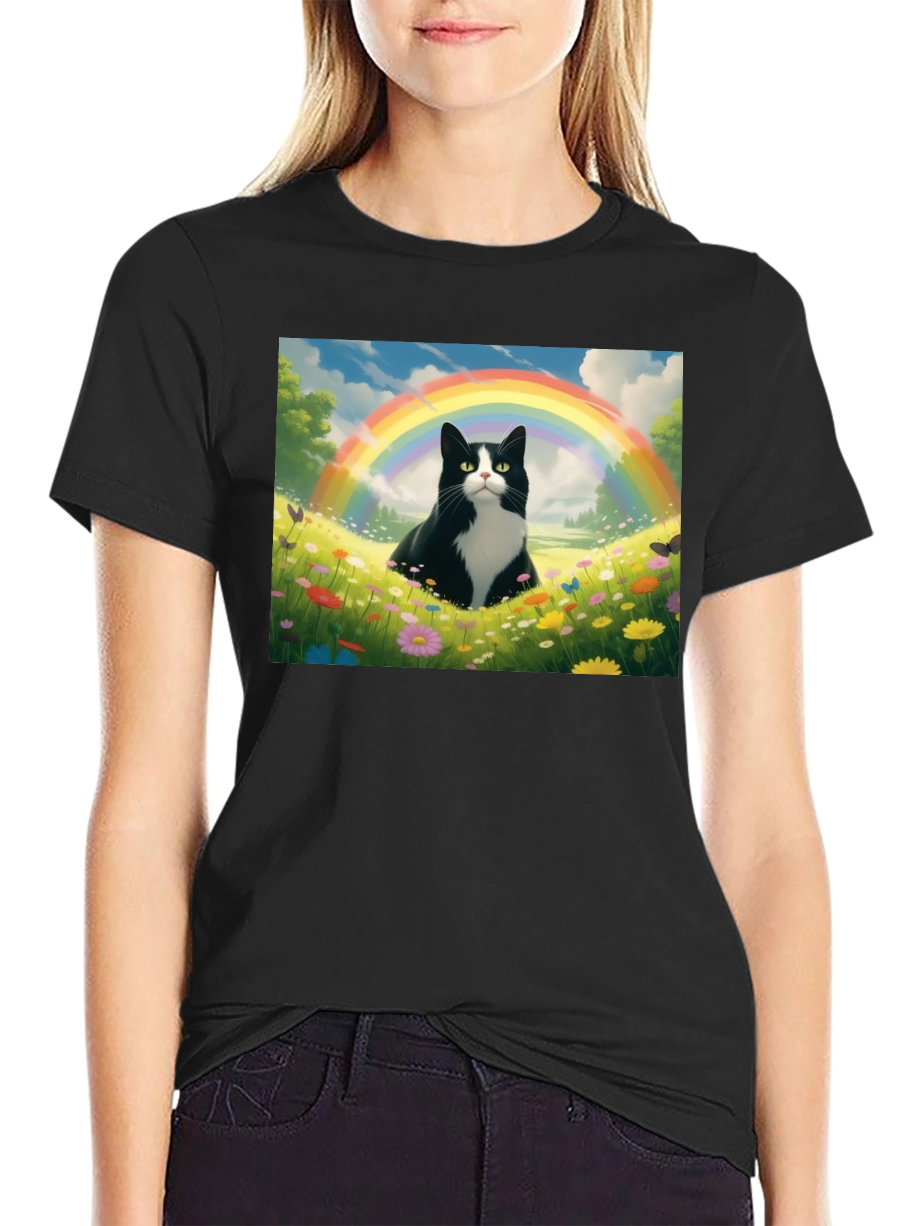 Rainbow Cat Graphic Tee - Soft Black Cotton T-Shirt