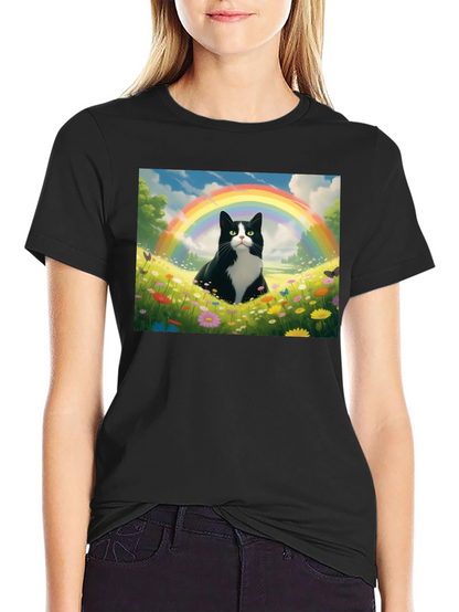 Rainbow Cat Graphic Tee - Soft Black Cotton T-Shirt
