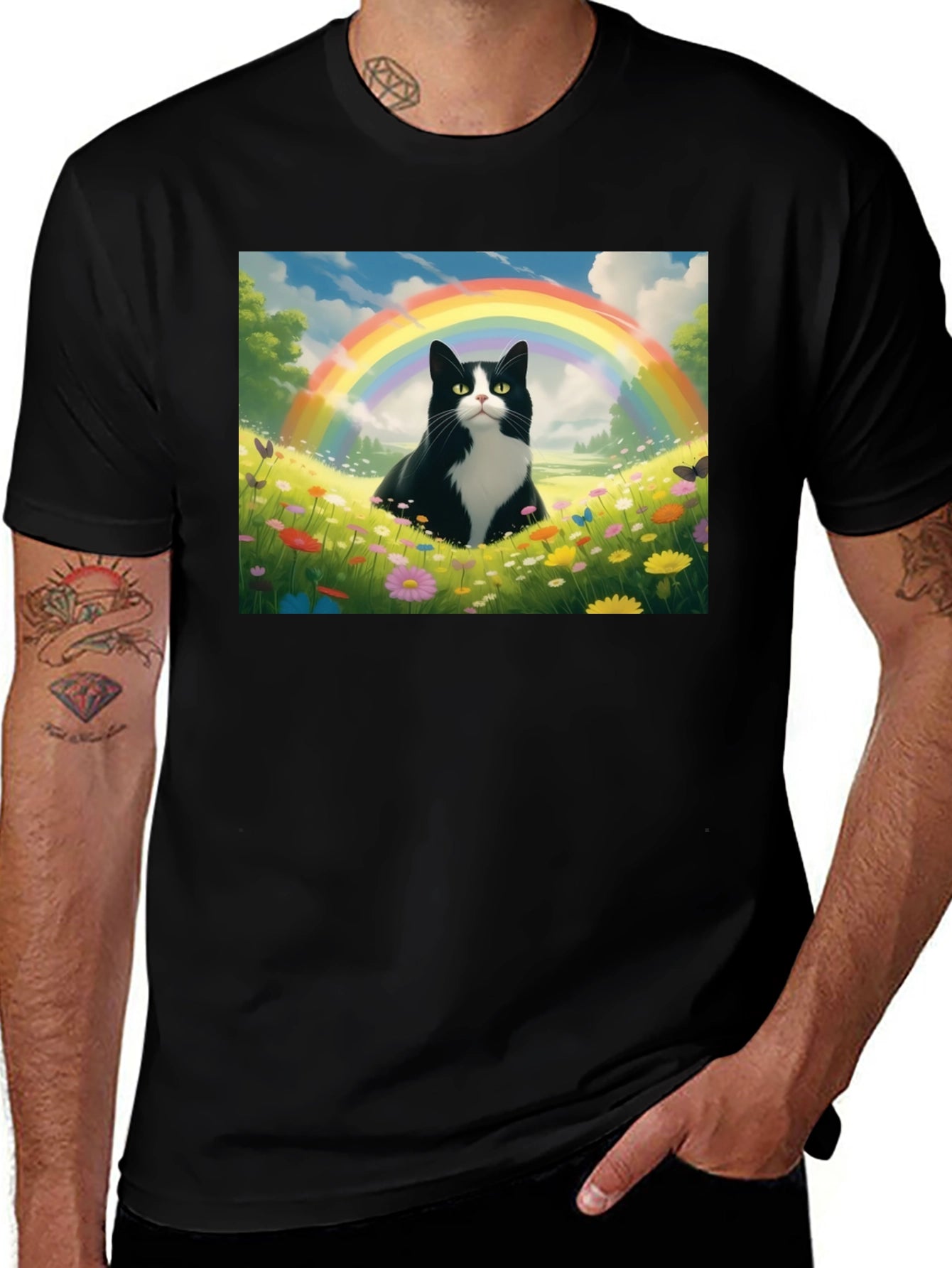 Rainbow Cat Graphic Tee - Soft Black Cotton T-Shirt