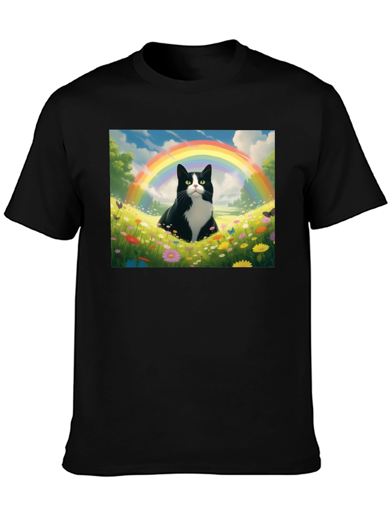 Rainbow Cat Graphic Tee - Soft Black Cotton T-Shirt