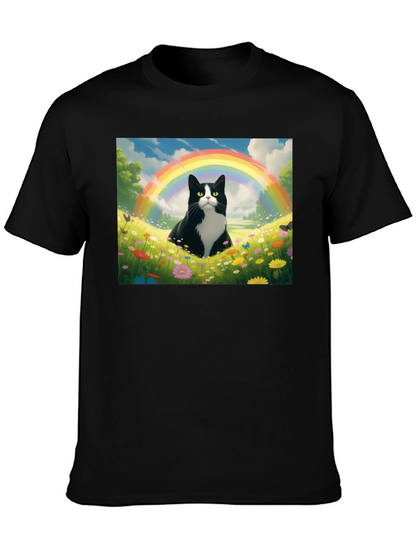 Rainbow Cat Graphic Tee - Soft Black Cotton T-Shirt
