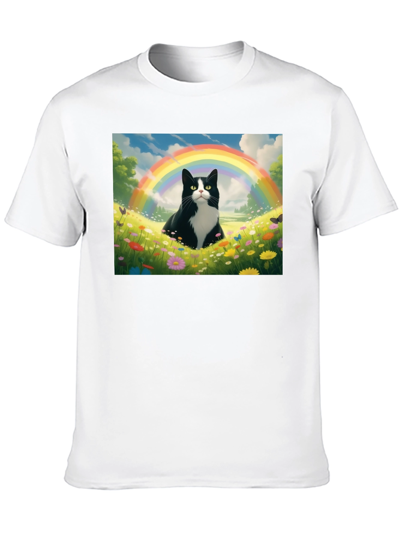 Rainbow Cat Graphic Tee - Soft Black Cotton T-Shirt