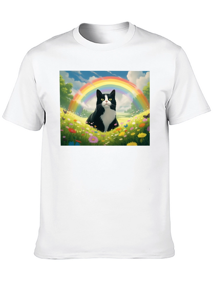 Rainbow Cat Graphic Tee - Soft Black Cotton T-Shirt