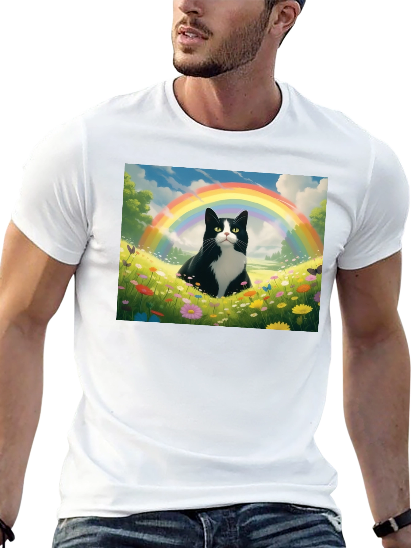 Rainbow Cat Graphic Tee - Soft Black Cotton T-Shirt