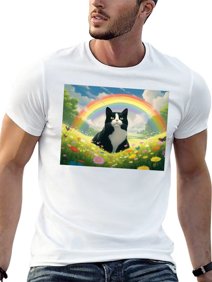 Rainbow Cat Graphic Tee - Soft Black Cotton T-Shirt