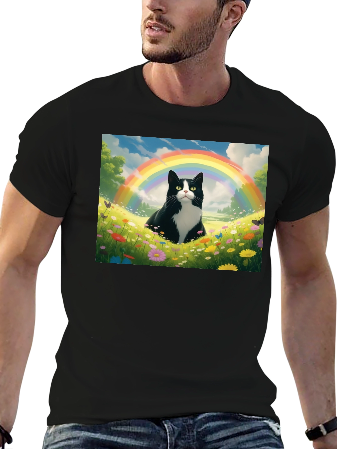 Rainbow Cat Graphic Tee - Soft Black Cotton T-Shirt