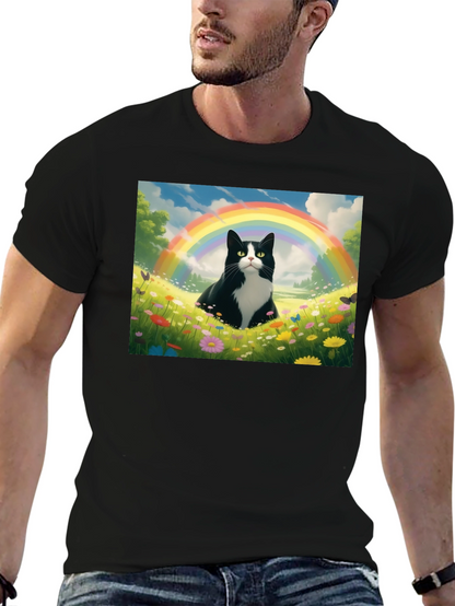Rainbow Cat Graphic Tee - Soft Black Cotton T-Shirt
