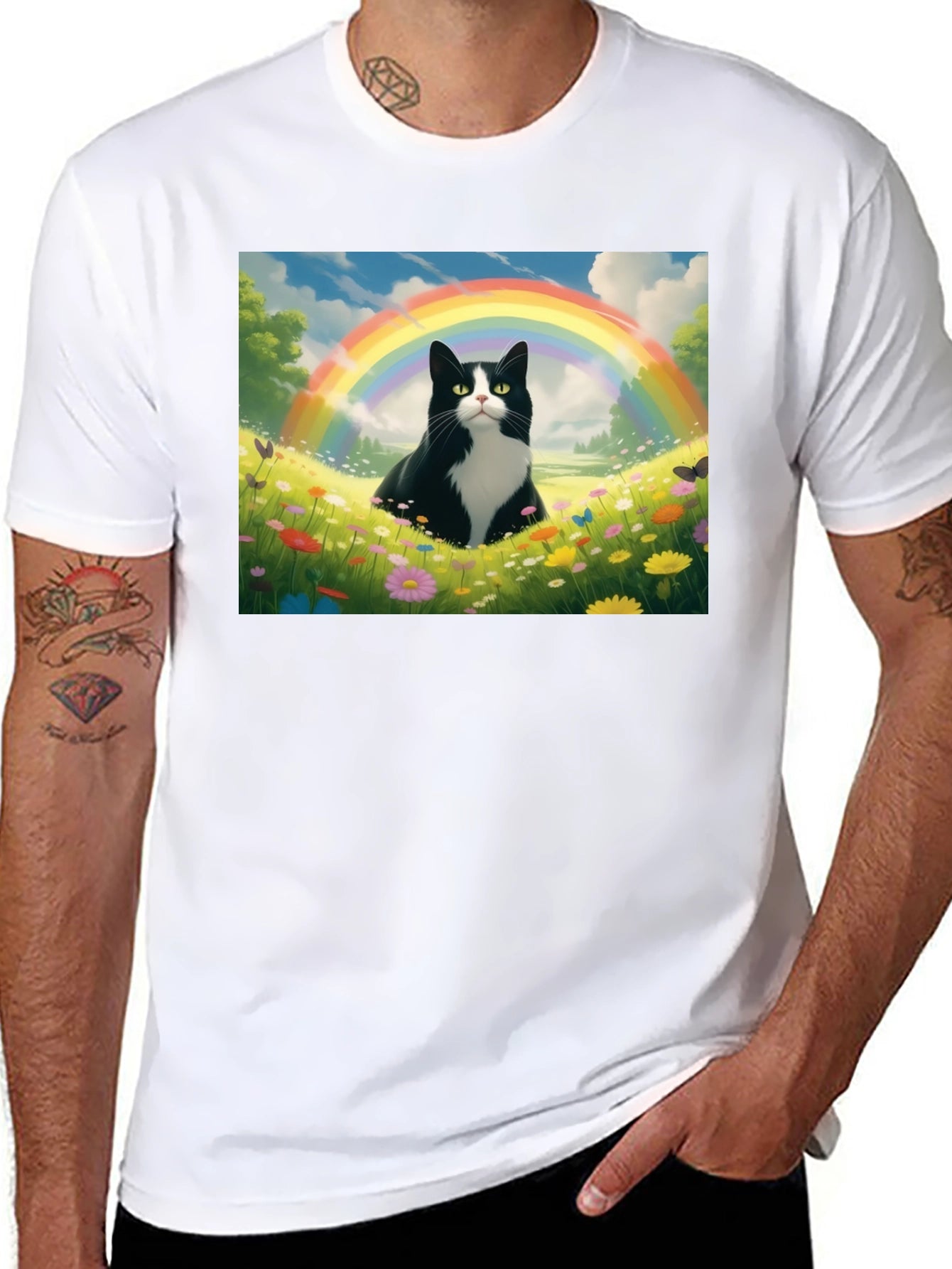 Rainbow Cat Graphic Tee - Soft Black Cotton T-Shirt