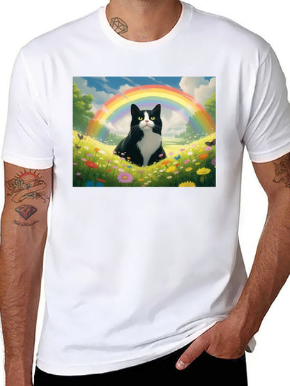 Rainbow Cat Graphic Tee - Soft Black Cotton T-Shirt