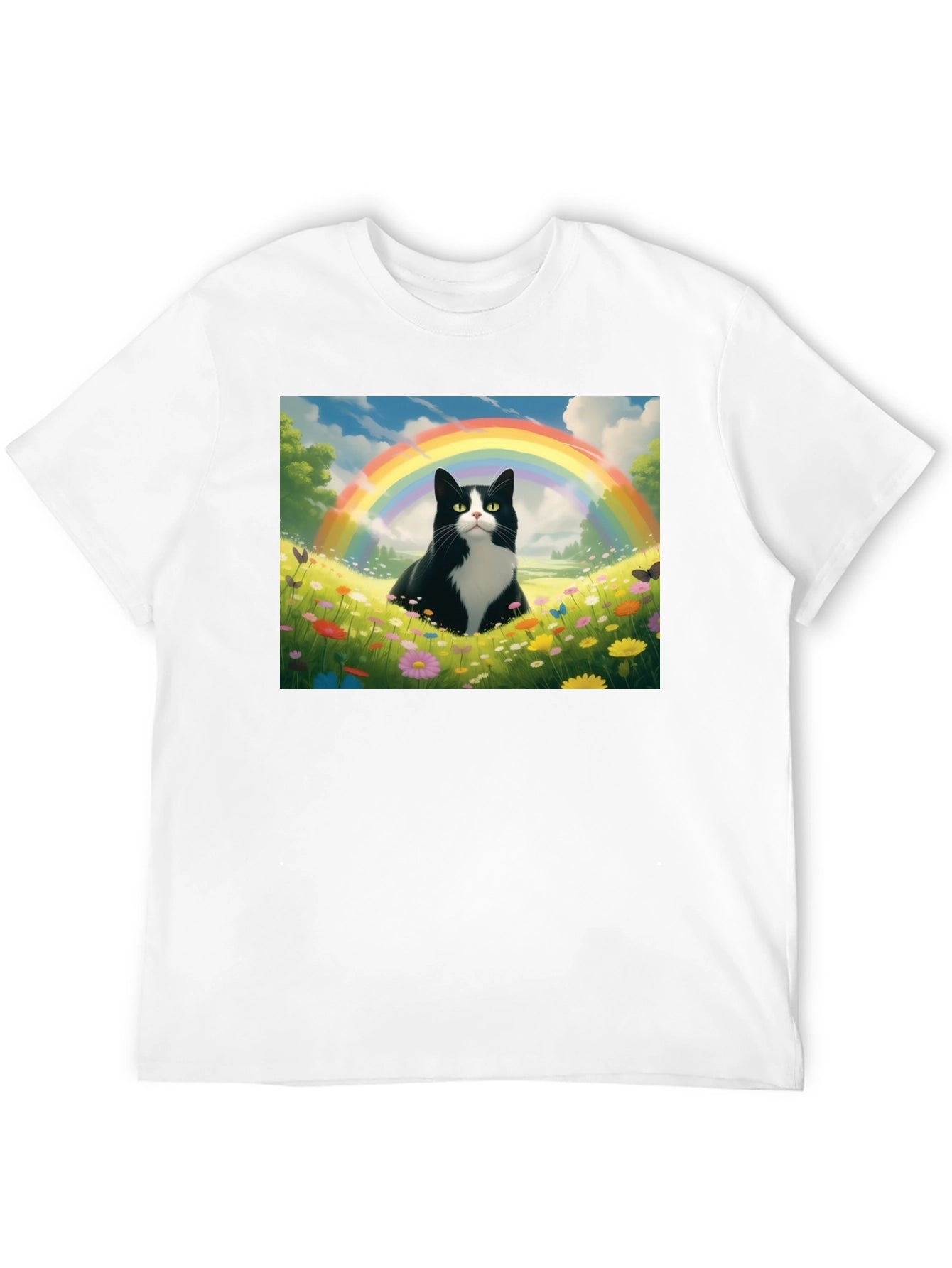 Rainbow Cat Graphic Tee - Soft Black Cotton T-Shirt