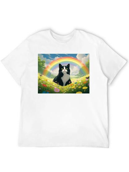 Rainbow Cat Graphic Tee - Soft Black Cotton T-Shirt