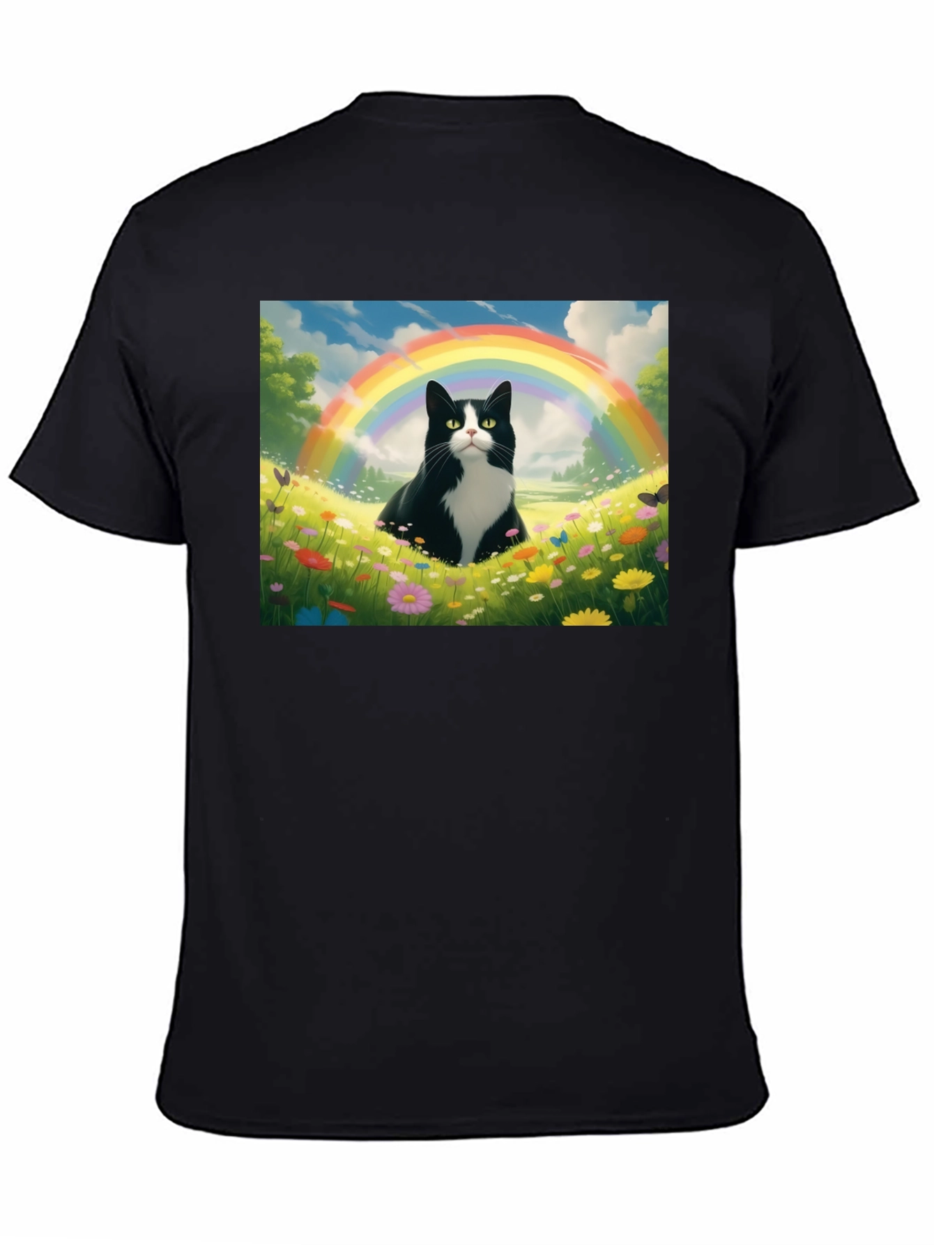 Rainbow Cat Graphic Tee - Soft Black Cotton T-Shirt