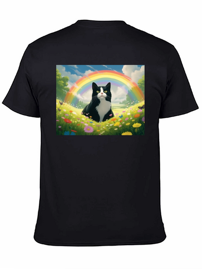Rainbow Cat Graphic Tee - Soft Black Cotton T-Shirt
