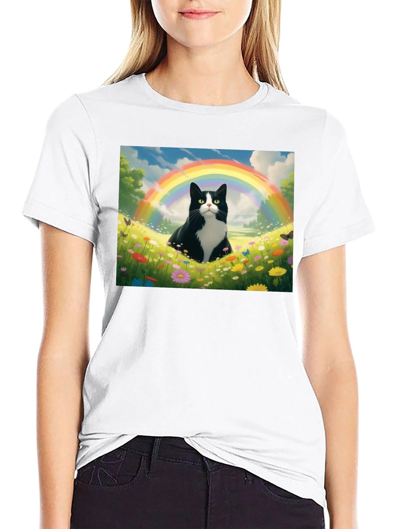 Rainbow Cat Graphic Tee - Soft Black Cotton T-Shirt