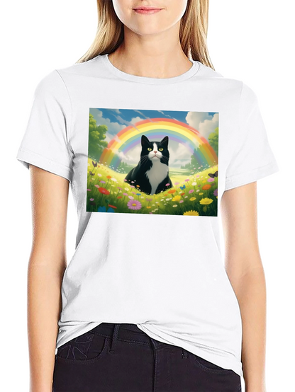 Rainbow Cat Graphic Tee - Soft Black Cotton T-Shirt