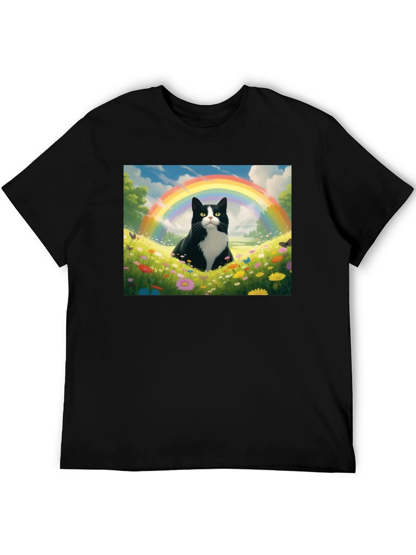 Rainbow Cat Graphic Tee - Soft Black Cotton T-Shirt