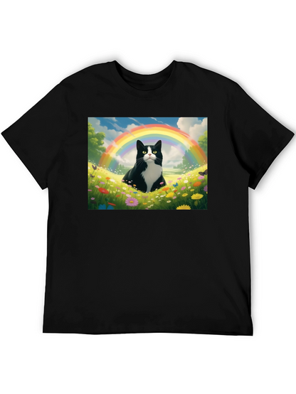 Rainbow Cat Graphic Tee - Soft Black Cotton T-Shirt