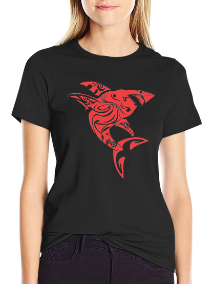 Red Tribal Shark Graphic Tee - Black Cotton Blend