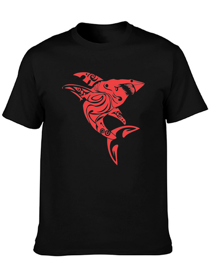 Red Tribal Shark Graphic Tee - Black Cotton Blend